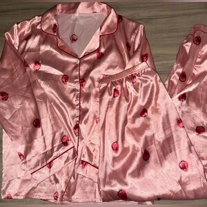 Pink Silky Strawberry Print Pajama Set